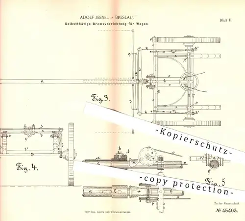 original Patent - Adolf Jeenel , Breslau , 1888 , Bremsen für Wagen | Bremse , Wagenbremsen , Karren , Kutschen !!!