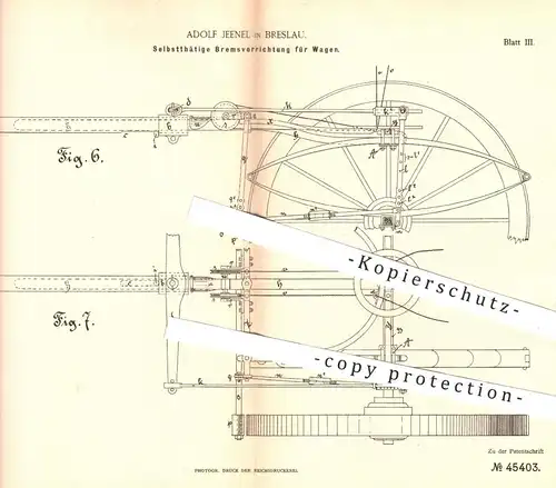 original Patent - Adolf Jeenel , Breslau , 1888 , Bremsen für Wagen | Bremse , Wagenbremsen , Karren , Kutschen !!!