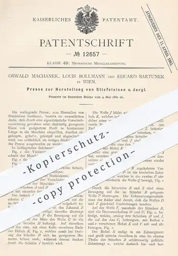 original Patent - Oswald Mechanek , Louis Bollmann , Eduard Bartunek , Wien , 1880 , Presse für Stiefeleisen | Eisen !!!