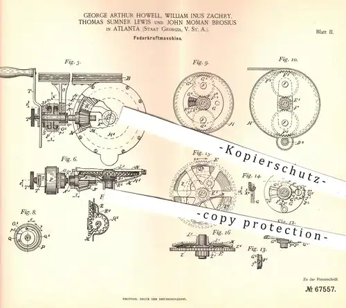 original Patent - G. A. Howell , W. Inus Zachry , Th. Sumner Lewis , J. Moman Brosius , Atlanta USA , 1892 , Nähmaschine