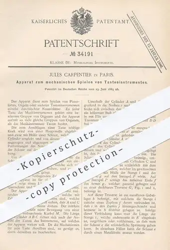 original Patent - Jules Carpentier , Paris 1885 , Mechanik der Tasteninstrumente | Musikinstrumente  Piano Orgel Klavier