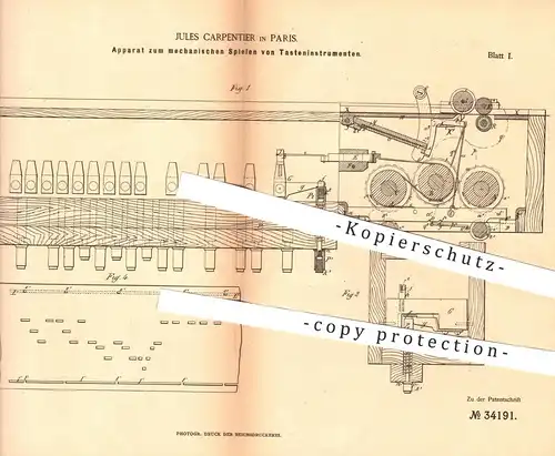 original Patent - Jules Carpentier , Paris 1885 , Mechanik der Tasteninstrumente | Musikinstrumente  Piano Orgel Klavier