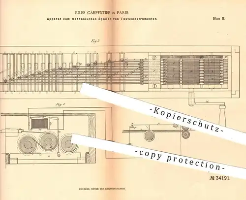 original Patent - Jules Carpentier , Paris 1885 , Mechanik der Tasteninstrumente | Musikinstrumente  Piano Orgel Klavier