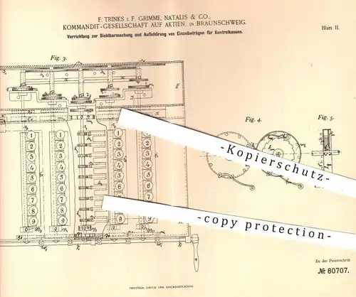 original Patent - F. Trinks / Grimme , Natalis & Co. KG auf Aktien , Braunschweig , 1894 , Anzeige an Kassen | Kasse !!