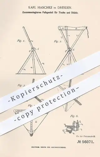 original Patent - Karl Haschke in Dresden , 1890 , Fußgestell für Tische u. Stühle | Tisch , Stuhl , Möbel , Möbelbauer