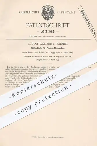 original Patent - Rudolf Göllner , Barmen 1884 , Stößerköpfe für Pianino - Mechanik | Piano , Klavier , Musikinstrumente