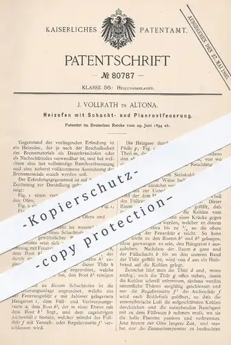 original Patent - J. Vollrath , Hamburg Altona 1894 , Heizofen mit Schacht- u. Planrostfeuerung | Ofen , Ofenrost , Öfen