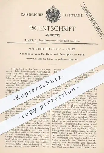 original Patent - Melchior Stenglein , Berlin , 1894 , Sortieren u. Reinigen von Hefe | Bier , Brauerei | Josef Fischer