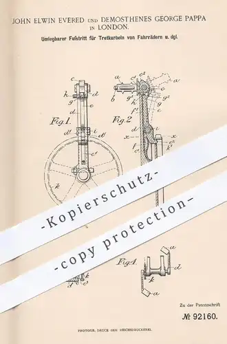 original Patent - John Elwin Evered , Demosthenes George Pappa , London 1896 , Fußtritt für Tretkurbel , Pedal | Fahrrad