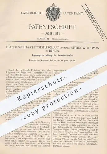 original Patent - Eisengießerei AG Berlin / Keyling & Thomas  1896 , Regelung für Dauerbrandofen | Ofen , Öfen , Heizung