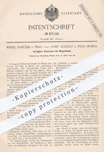 original Patent - Wenzl Paruzek , Josef Kudlicz , Prag Bubna 1892 , Heupresse m. Wagenwinde | Heu , Strohpresse , Presse