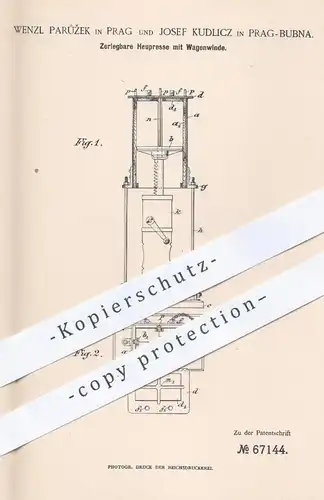 original Patent - Wenzl Paruzek , Josef Kudlicz , Prag Bubna 1892 , Heupresse m. Wagenwinde | Heu , Strohpresse , Presse