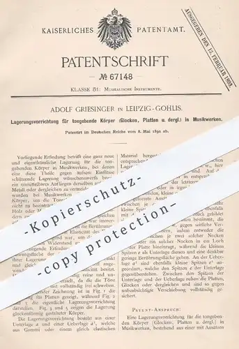 original Patent - A. Griesinger , Leipzig Gohlis , 1892 , Lagerung für tongebende Körper im Musikwerk | Glocken , Musik