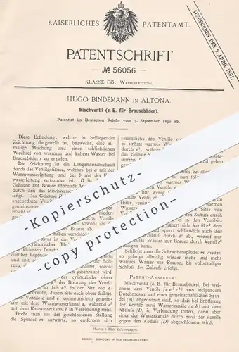 original Patent - Hugo Bindemann , Hamburg Altona , Mischventil für Brausebäder | Wasserleitung , Mischbatterie , Ventil