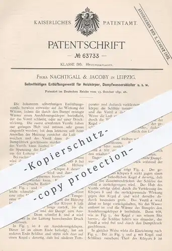 original Patent - Nachtigall & Jacoby , Leipzig  1891 , Entlüftungsventil für Heizkörper , Dampfwasserableiter | Heizung