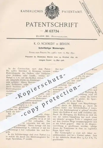 original Patent - K. O. Schmidt in Berlin , 1891 , Wärmeregler | Wärmeregelung , Wärme , Heizung , Ofen , Öfen !!!