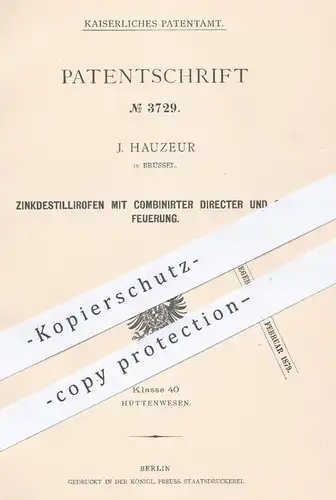 original Patent - J. Hauzeur in Brüssel , 1877 , Zinkdestillierofen mit Gasfeuerung | Ofen , Öfen , Gasofen , Zink !!!