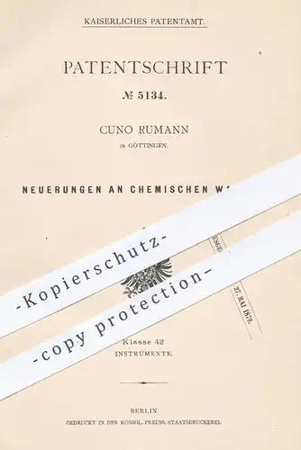 original Patent - Cuno Rumann , Göttingen , 1878 , chemische Waagen | Waage , Gewicht , Waagebalken , Thermometer !!