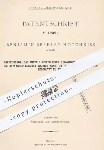 original Patent - Benjamin Berkley Hotchkiss , Paris , 1880 , Torpedoboot | Torpedo , Boot , U-Boot , Unterwasserboot !!