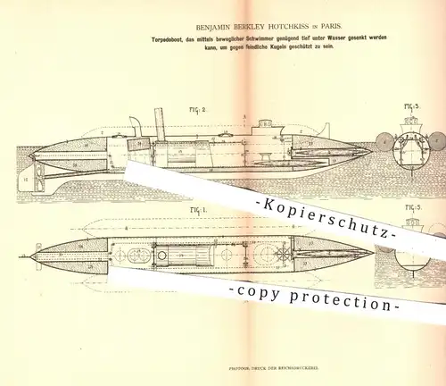 original Patent - Benjamin Berkley Hotchkiss , Paris , 1880 , Torpedoboot | Torpedo , Boot , U-Boot , Unterwasserboot !!