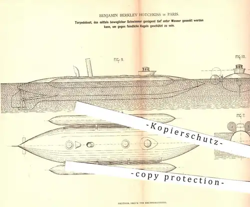 original Patent - Benjamin Berkley Hotchkiss , Paris , 1880 , Torpedoboot | Torpedo , Boot , U-Boot , Unterwasserboot !!