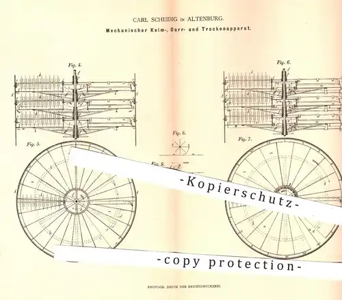 original Patent - Carl Scheidig , Altenburg , 1879 , Apparat zum Trocknen , Keimen und Darren von Getreide | Malz , Bier