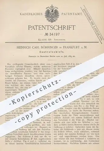 original Patent - Heinrich Carl Böhringer , Frankfurt / Main , 1885 , Kontrollschloss | Schloss , Türschloss , Tür !!!