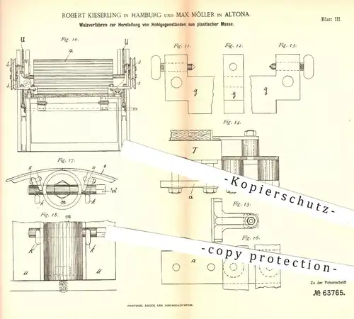 original Patent - Robert Kieserling , Max Möller , Hamburg Altona , 1891 , Walzverfahren für Hohlkörper | Walze , Walzen