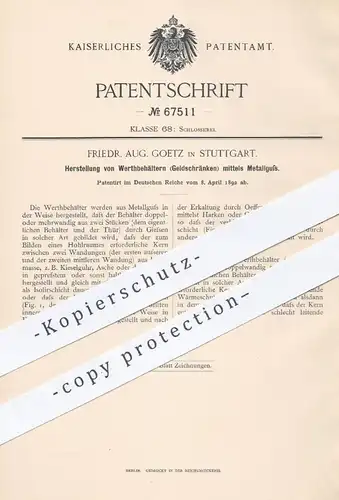 original Patent - Friedr. Aug. Goetz , Stuttgart , 1892 , Wertbehälter, Geldschrank , Tresor aus Metallguss | Guss !!!