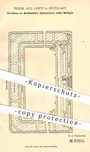 original Patent - Friedr. Aug. Goetz , Stuttgart , 1892 , Wertbehälter, Geldschrank , Tresor aus Metallguss | Guss !!!