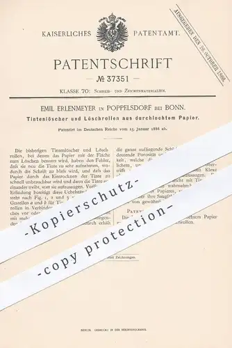original Patent - Emil Erlenmeyer , Poppelsdorf / Bonn , 1886 , Tintenlöscher u. Löschrollen aus Papier | Löschpapier !!