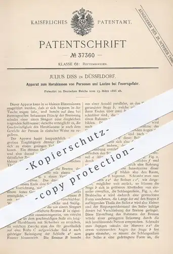 original Patent - Julius Diss , Düsseldorf , 1886 , Herablassen von Personen und Lasten bei Feuersgefahr | Feuerwehr !!