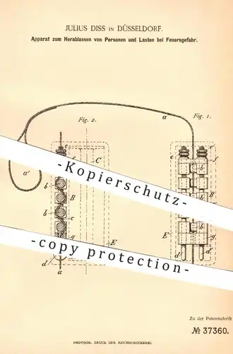 original Patent - Julius Diss , Düsseldorf , 1886 , Herablassen von Personen und Lasten bei Feuersgefahr | Feuerwehr !!