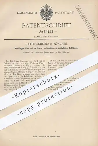 original Patent - Joseph Schober , München , 1885 , Vorhängeschloss mit schraubenartigem Schlüssel | Schloss , Schlosser
