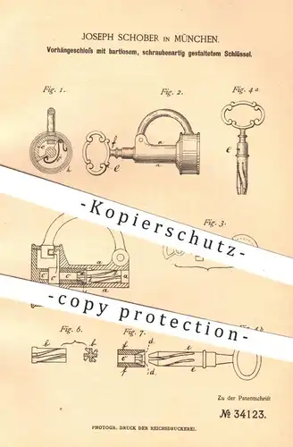 original Patent - Joseph Schober , München , 1885 , Vorhängeschloss mit schraubenartigem Schlüssel | Schloss , Schlosser