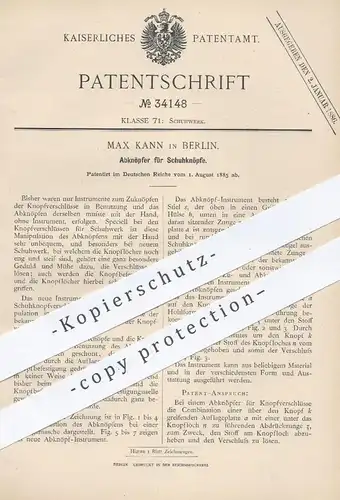 original Patent - Max Kann , Berlin , 1885 , Abknöpfer für Schuhknöpfe | Knopf , Knöpfe , Schuhe , Schuhwerk , Schuster