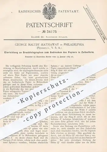 original Patent - George Maltby Hathaway , Philadelphia , Pennsylvania USA , 1885 , Drucktelegraph | Telegraph , Druck !