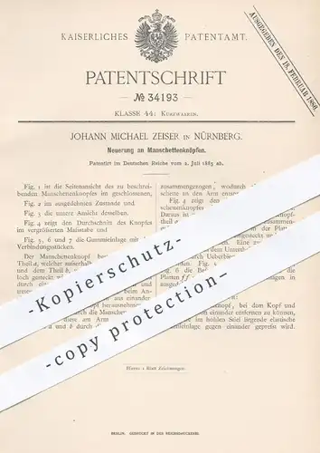 original Patent - Johann Michael Zeiser , Nürnberg , 1885 , Manschettenknopf , Manschettenknöpfe | Knopf , Knöpfe !!!