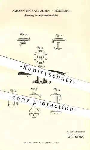 original Patent - Johann Michael Zeiser , Nürnberg , 1885 , Manschettenknopf , Manschettenknöpfe | Knopf , Knöpfe !!!