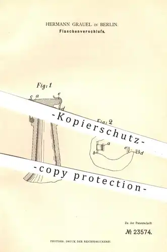 original Patent - Hermann Grauel , Berlin , 1878 , Flaschenverschluss | Verschluss für Flaschen , Flasche , Bier !!!