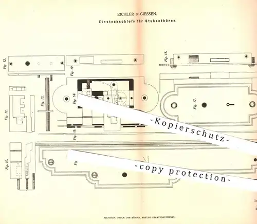 original Patent - Eichler in Giessen , 1877 , Einsteckschloss für Türen | Tür , Schloss , Türschloss , Schlosser !!!