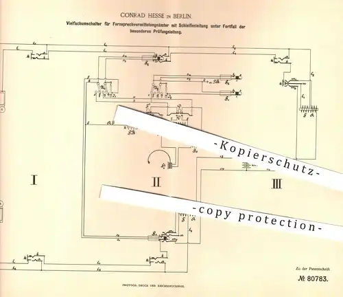 original Patent - Conrad Hesse , Berlin , 1894 , Vielfachumschalter für Fernsprecher | Telefon , Elektrik , Oesterreich