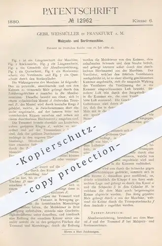 original Patent - Gebr. Weismüller , Frankfurt / Main , 1880 , Putzen u. Sortieren von Malz | Bier , Brauerei , Malzkorn