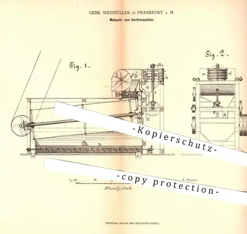 original Patent - Gebr. Weismüller , Frankfurt / Main , 1880 , Putzen u. Sortieren von Malz | Bier , Brauerei , Malzkorn