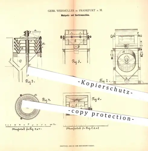 original Patent - Gebr. Weismüller , Frankfurt / Main , 1880 , Putzen u. Sortieren von Malz | Bier , Brauerei , Malzkorn