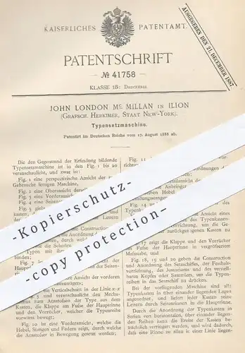 original Patent - John London Mc Millan , Ilion , Herkimer New York USA  1886 , Typen - Setzmaschine | Druck , Buchdruck
