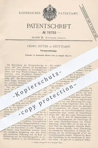 original Patent - Georg Ritter in Stuttgart , 1893 , Fernsprechanlage | Fernsprecher , Elektrik , Telefon , Telefonie !!