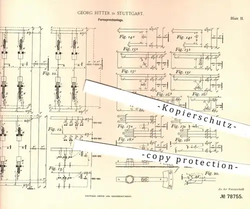 original Patent - Georg Ritter in Stuttgart , 1893 , Fernsprechanlage | Fernsprecher , Elektrik , Telefon , Telefonie !!