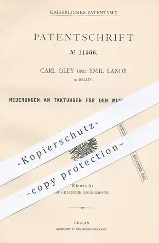 original Patent - Carl Gley , Emil Landé , Berlin , 1880 , Taktuhr für Musikintrumente | Takt , Uhr , Musik , Schiefer