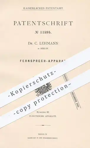 original Patent - Dr. C. Lehmann , Berlin , 1880 , Fernsprecher | Elektrik , Strom , Telefon , Telefonie , Elektrizität